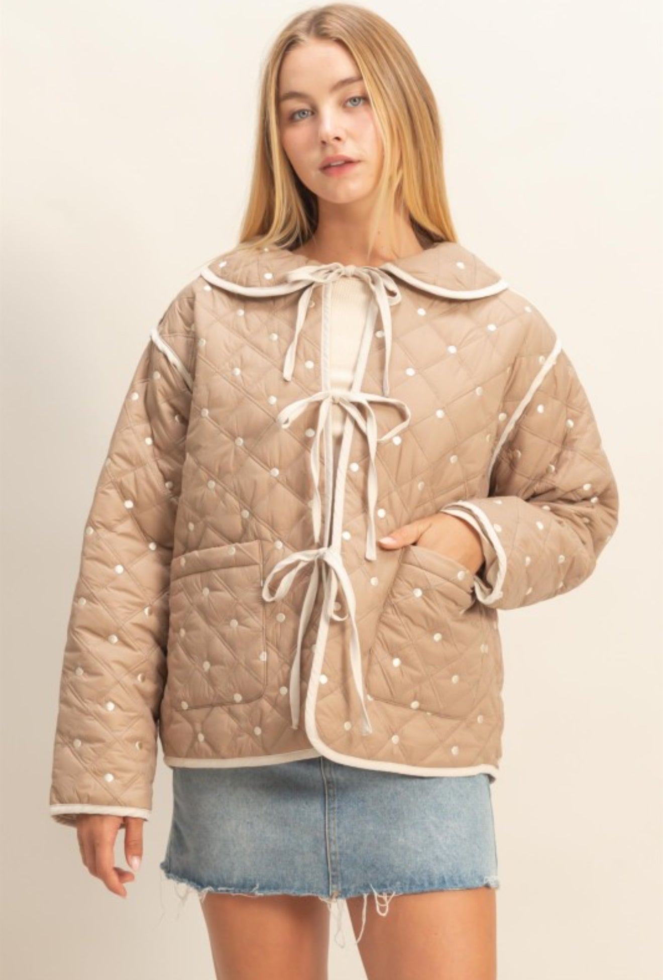 Polkadot Quilted Front Tie Jacket