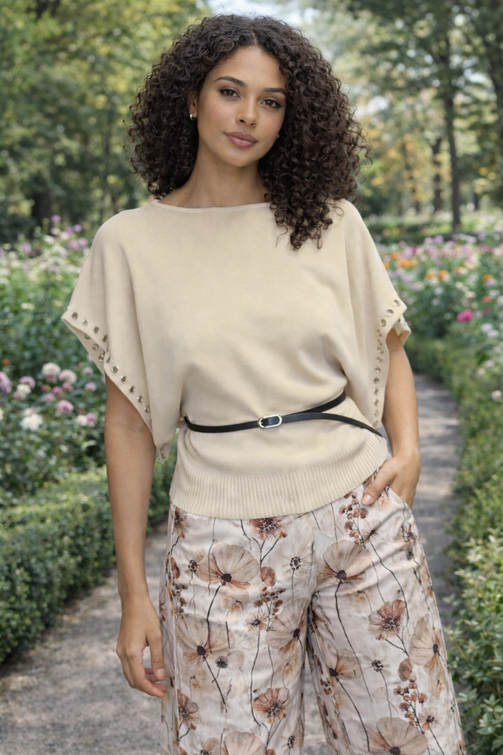 Biege top with belt