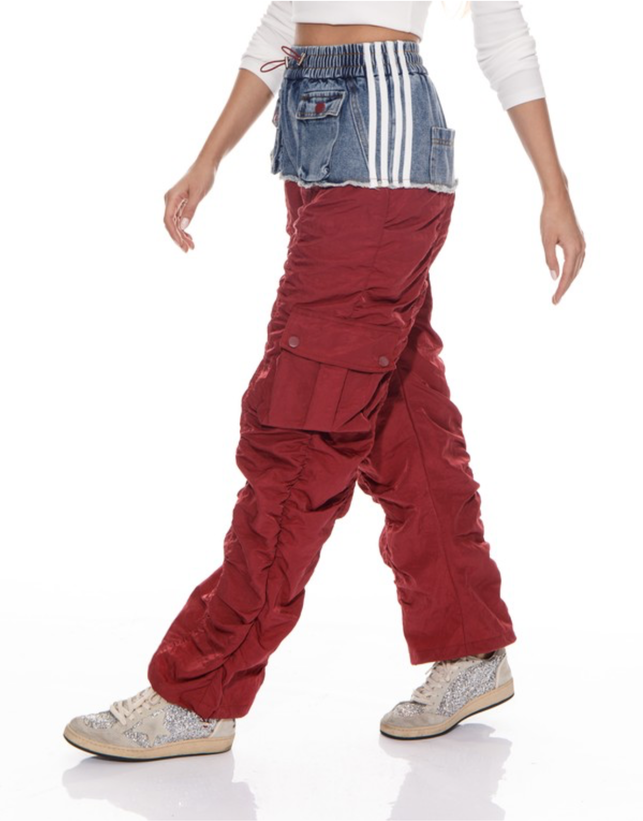 Burgundy half denim pants