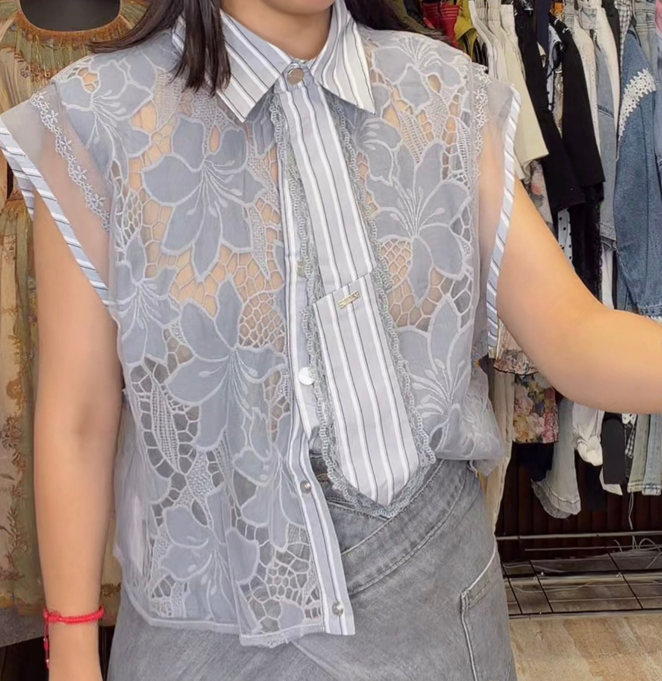 Grey tie blouse