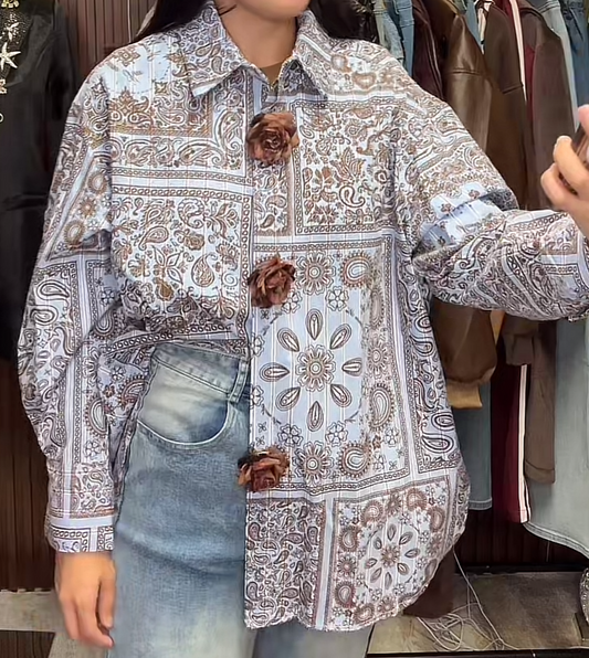Blue brown flower Italy blouse