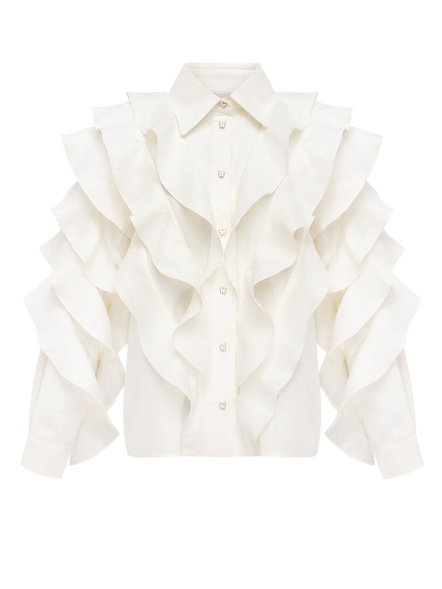 White ruffle blouse